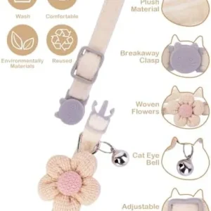 Cat Collar with Flower,Cat Collars for Girl Cats and Boy Cats,Breakaway Cat Collar with Bells,Adjustable Kitten Collar,Cute cat Collar (Beige, Breakaway)