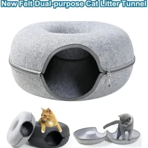 Cat Tunnel Bed, Detachable Cat Nest Felt Cat Donut with 2 Toys Cat Cave for Indoor Cats with Eco-Friendly Material – Washable Pet Bed Scratch Resistant (M, Light Gray)