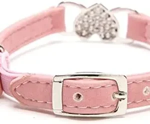 CHUKCHI Pink Soft Velvet Safe Cat Adjustable Collar with Crystal Heart Charm and Bells 8-11 Inches(Black+Pink)