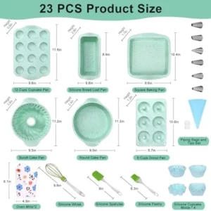 Cobeda Baking Pans Set, 23 PCS Silicone Bakeware Sets, Silicone Molds for Baking, Including Bread Pan, Donut Pan, Silicone Muffin Pan, Cake Pan and Silicone Cupcake Molds (Green)