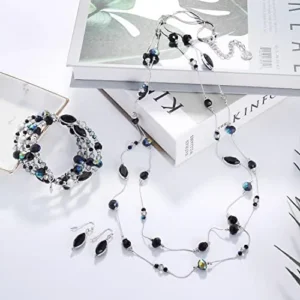 Coiris 2 Layer Illusion Wire Beaded long Collar Statement Necklace with Earrings Long Necklace for Women