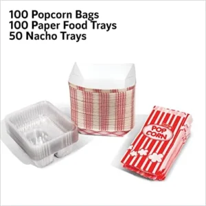 Concession Stand Supplies – Movie Party Decorations, 250 Piece Bulk Set – 100 Popcorn Bags & 100 Paper Food Trays & 50 Nacho Trays, Great Set for Circus Party, Carnivals, Movie Night