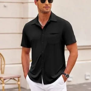 COOFANDY Mens Short Sleeve Casual Button Down Shirts Summer Beach Shirts Knitted Textured Shirt with Pocket