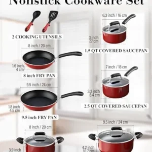 Cook N Home Pots and Pans Nonstick Cookware Set 12-Piece, Kitchen Cooking Set with Frying Pans and Saucepans, Induction Compatible, Marble Red