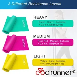 Coolrunner 7FT. Long Latex Free Elastic Flat Exercise Band Set of 3 with Carry Bag, Wide Fitness Resistance Bands for Pilates, Gym, Physical Therapy, Yoga, Carry Bag, Green & Yellow & Rose Red