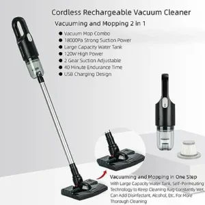 Cordless Stick Vacuum Cleaner and Mop All in One, 18000Pa Suction Cordless Wet Dry Vacuum Cleaner with Water Tank, Household Upright Vacuum Cleaner and Mop Combo for Hard Floor Pet Hair (Black)