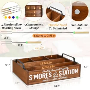 COZYYROME S’Mores Station with 4 Marshmallow Roasting Sticks, S’Mores Bar Holder with Handles, S’Mores Caddy, S’Mores Accessories Organizer, S’Mores Supplies Container Maker Box for S’Mores Kit