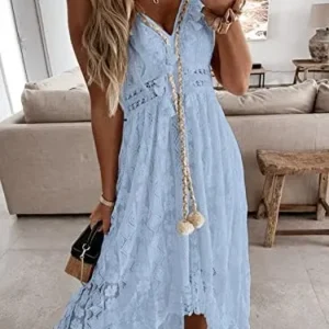 CUPSHE Women’s Lace Dresses Boho Tassel V-Neck Flare Ruffle Adjustable Straps Beach Summer Maxi Dress