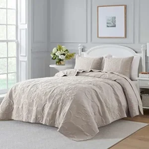 Damask Quilt King Size Bedding Sets with Pillow Shams, Boho Soft Lightweight Bedspread Coverlet, Beige Quilted Blanket Thin Comforter Bed Cover for All Season Spring Summer, 3 Pieces, 104×90 inches