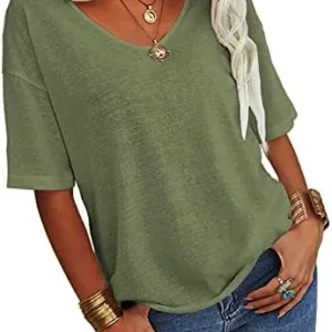 Danedvi Women Fashion V-Neck Half Sleeves Oversized T Shirt Solid Casual Loose Basic Tops