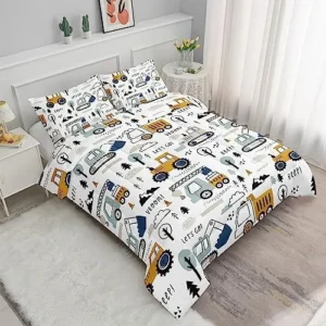 Datura home Kids Cartoon Excavator Bedding Comforter Sets for Boy and Girls,Construction Truck Bulldozer Tree Pattern Comforter Set with 2 Pillowcase and 1 Comforter(Excavator Twin)