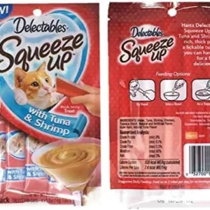 Delectables Squeeze Up Hartz Cat Treats Bundle of 4 Flavor Pouches, 2.0 oz Each (Tuna & Shrimp)