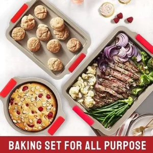 DELUXE Bakeware Sets, Baking Pans Set, Nonstick Oven Pan for Kitchen wth Wider Grips, 9 Pieces Including baking Cookie Sheet, Cake Pans, Muffin Pan, Roastin Pan, Cookie Cutters-Champagne