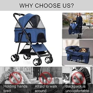 Detachable Pet Stroller for Small-Medium Dog&Cat, 3-in-1 Cat Carrier Bag Car Seat Dog Stroller, All-Round Visible and Breathable Windows for Wider Vision