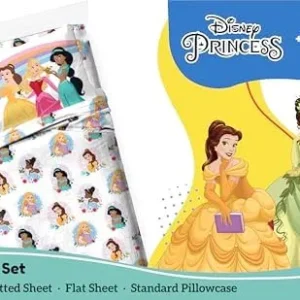 Disney Princess Twin Sheet Set – 3 Piece Kids Bedding Set Includes Pillow Cover – Super Soft Rainbow Microfiber Sheets Features Moana, Belle & Rapunzel