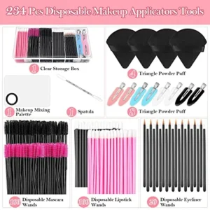 Disposable Makeup Applicators Kit with Triangle Puff Mixing Palette, Artist Supplies Disposable Mascara Wands, Lip Brushes, Hair Clips Powder Puffs for Face with Storage Box