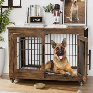 Dog Crate Furniture with Cushion, Wooden Dog Kennel with Double Doors, Heavy Duty Dog Cage End Table with Wheels, Dog House Indoor for Small Medium Dogs up to 45 lb, 32.5” L, Rustic Brown