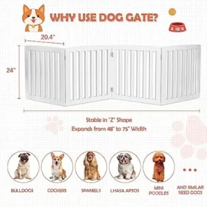 Dog Gate Pet Gate for House, Stairs, Hallways, Doorways 24Inch 4 Panels Foldable Dog Fence for Indoor Extra Wide Wooden