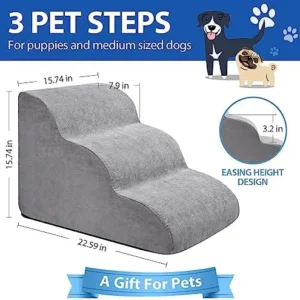 Dog Stairs for Small Dogs -3 Tiers Pet Steps for Bed and Couch, 16 inch Anti-Skid Dog Ramp with Removable Cover for Short-Legged Dogs, Arthritic Dogs or Senior Dogs