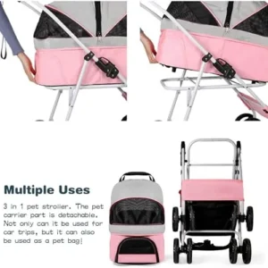 Dog Stroller with Detachable Carrier 3-in-1 Folding Pet Stroller for Small Medium Dogs Cats with Storage Basket Lightweight Dog Pram Cat Pram Pet Travel Carrier,Pink