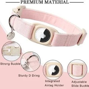 DOGWONG Airtag Cotton Hemp Dog Collar, Heavy-Duty Dog Collar with Airtag Holder Pink Dog Collar Durable Natural Fabric Pet Dog Collar Cute Puppy Necklace for Small Medium Large Dog