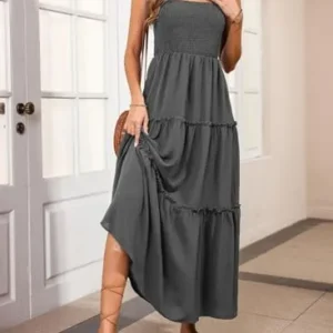 Dokotoo Summer Dress Casual Womens Sleeveless Midi Dress with Pockets Pleat Long Tiered Maxi Dress