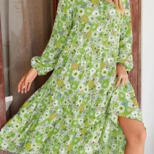 Dokotoo Women’s Casual Loose Bohemian Floral Dresses 2024 Long Puff Sleeve V Neck Ruffle A Line Flowy Summer Beach Dress