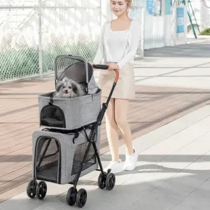 Double Pet Stroller for Small Medium Dogs & Cats – Portable Travel 4 Wheels Dog Stroller with 2 Detachable Carrier – Lightweight Waterproof Folding Crate – Cat Pet Carriers Bag,Grey