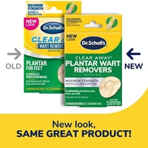 Dr. Scholl’s Clear Away Plantar WART Remover // 24 Discs/24 Cushions, Clinically Proven, Maximum Strength Without a Prescription, Cushioning Pad Relieves Pain, 24 Treatments