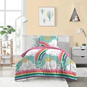 Dream Factory Kids 5-Piece Complete Bed Set Easy-Wash Super Soft Microfiber Comforter Bedding, Twin, Teal Rainbow Flare, (2D872501TE)