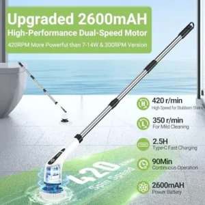 Dsenfurn Electric Spin Scrubber, Cordless Bathroom Tub Scrubber with Long Handle & 7 Replaceable Cleaning Heads, Extension as Short Handle, Portable Power Shower Brush Household Tools for Tile Floor