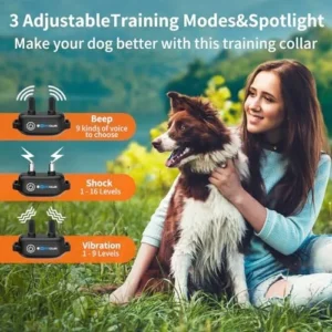 DTCollar Dog Training Collar, 9-Voice Options, Adjustable Electrical Shock and Vibration Settings, LED Flashlight, Stop Barking, Long-Range Remote Control 3300FT, and IP67 Waterproof Receiver