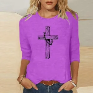 Easter Shirts for Women Christian Cross Graphic 3/4 Sleeve Tee Tops Spring Casual Crewneck Blouses Ladies Gifts Tunic Tshirt