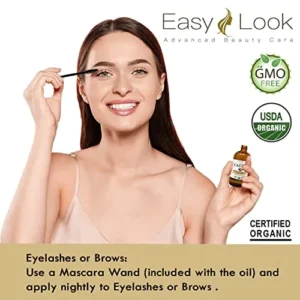 EASY LOOK Castor Oil 4oz, USDA Certified Organic 100% Pure, Stimulate Growth for Eyelashes, Eyebrows, Hair. Skin Moisturizer & Hair Treatment Starter Kit