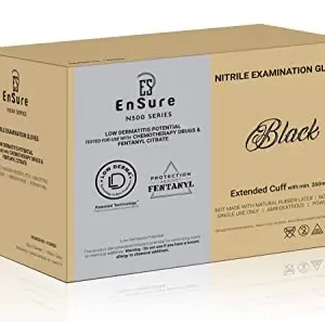 Ensure Low Derma Gray Black Nitrile Exam Medical Disposable Gloves, Chemo Rated, Powder Free, Latex Free, Non Sterile, 5 Mil, Dental, Food Safe, Textured FingerTips, Extended Cuff