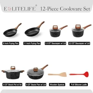 ESLITE LIFE Nonstick Cookware Sets, 12 Pcs Granite Coating Pots and Pans Set Kitchen Cooking Set, Compatible with All Stovetops (Gas, Electric & Induction), PFOA Free, Black