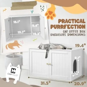 Fencer Wire Cat Litter Box Furniture w/Divider, Wooden Indoor Cat House w/Double Doors, Hidden Cat Washroom Enclosure, Metal Frame Enclosed Cat Boxes, Cabinet for Large Cat, Odor Contained, White