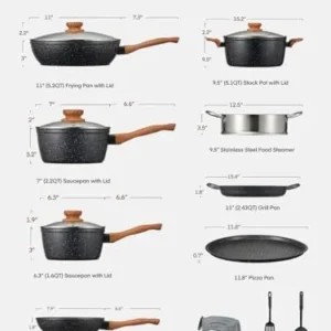 FOHERE Pots and Pans Set with Lids 15 PCS, Aluminum Nonstick Induction Cookware Sets,w/Frying Pans, Saucepans, Stock Pot, Pizza Pan, Griddle Pan, and Food Steamer, Silicone Food Strainer