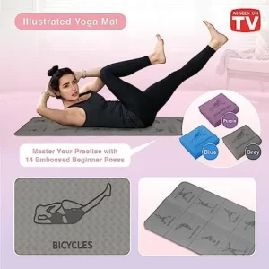 Foldable Yoga Mat – Illustrated 14 Embossed Poses, Square Folding Travel Fitness Exercise Mat as Seen on TV, Perfect Storage, Pilates, Home Workout