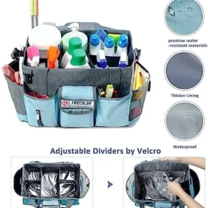 FRECOLSH Grey-Blue Cleaning Caddy, Oxford Polyester, Adjustable 5 Compartments, Padded Carry Handle, Waterproof Interior, Ideal for Housekeeping and Cleaning Supplies