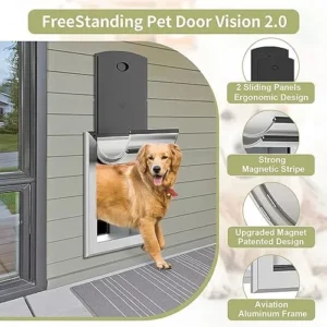 FreeStanding Large Dog Door for Wall, Large Dog Door with Aluminum Frame, Telescoping Tunnel, Magnetic Flap Design and Two Sliding Lock Panels, Large,Matte Silver.