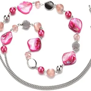 FULU AUTUMN Long Beaded Necklaces for Women Silver Link Chain Necklace with Shell Crystal Beads, Party Gifts for Her