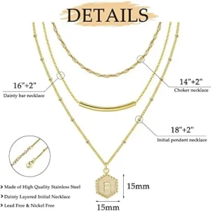 FUNRUN JEWELRY 3Pcs Layered Initial Necklace for Women Stainless Steel Simple Hexagon Choker Necklace Personalized Letter A-Z