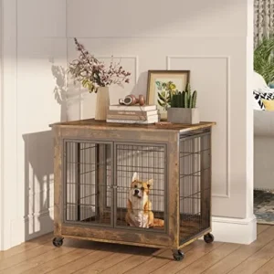 Furniture Dog Cage Crate with Double Doors on Casters. Rustic Brown,31.50” W x 22.05” D x 24.8” H.