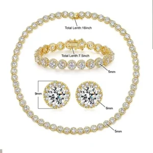 Gemsme 18K Gold Plated Cubic Zirconia Tennis Necklace/Bracelet/Earrings Sets for Women Men Halo Jewelry Set