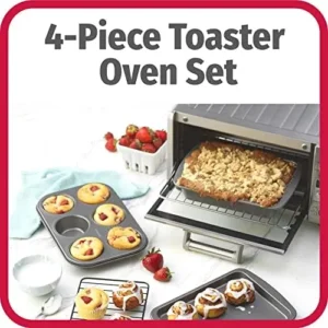 GoodCook 4-Piece Nonstick Steel Toaster Oven Set with Sheet Pan, Rack, Cake Pan, and Muffin Pan, Gray (4220), Assorted