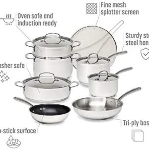 Goodful 12-Piece Classic Stainless Steel Cookware Set with Tri-Ply Base for Even Heating, Durable, Impact Bonded Pots and Pans, Dishwasher Safe Includes Non Stick Frying Pan, Chrome