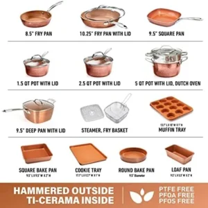 Gotham Steel Hammered Copper Collection – 20 Piece Premium Pots and Pans Set Nonstick Ceramic Cookware + Bakeware Set for Kitchen, Induction/Dishwasher/Oven Safe, Healthy and Non Toxic