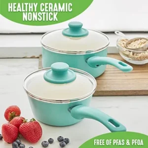 GreenLife Soft Grip Healthy Ceramic Nonstick, 1QT and 2QT Saucepan Pot Set with Lids, PFAS-Free, Dishwasher Safe, Turquoise