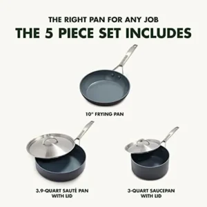 GreenPan Paris Pro Hard Anodized Healthy Ceramic Nonstick, 5 Piece Cookware Pots and Pans Set with Stainless Steel Lids, PFAS-Free, Dishwasher Safe, Grey